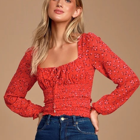 Free People Tops - Free People Lolita Red Floral Print Ruffled long sleeve Top Size XL NWOT